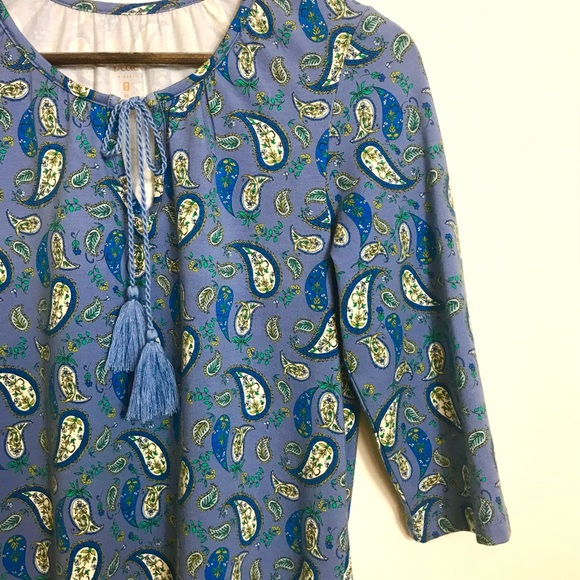 Belle by Kim Gravel TripleLuxe Knit Top Blue Paisley Tunic Keyhole Neck - Picture 6 of 12